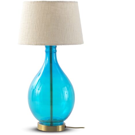 Lampara De Sobremesa De Cristal Azul Con Pantalla De Algodon Blanco