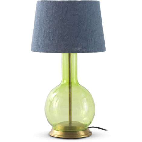 Lampara De Sobremesa De Cristal Verde Con Pantalla De Algodon Azul