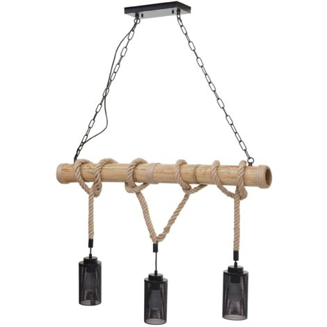 Lámpara de suspensión de cuerda de bambú diseño industrial vintage pantalla de tubo de metal negro 3x 040003599