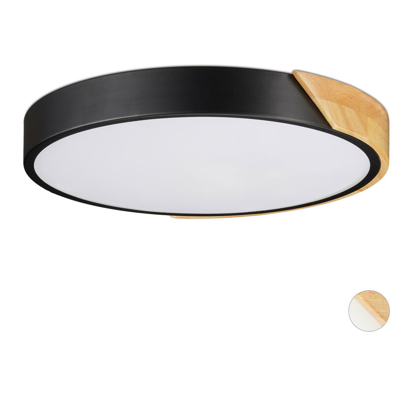 

Relaxdays - Lámpara de Techo, 24 W, LED, Foco Redondo, para Cocina, Comedor y Salón, Metal y Madera, 5 x 40 cm, Negro