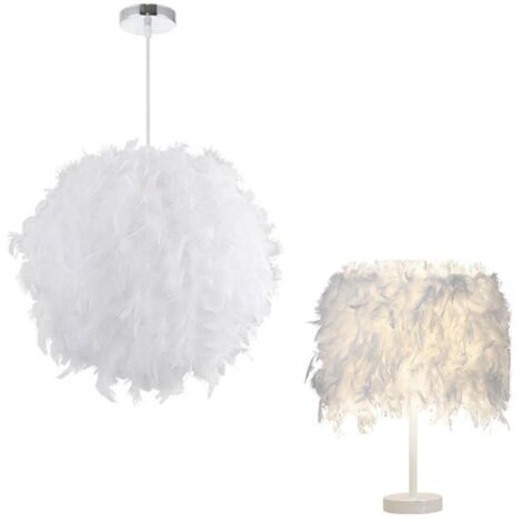 Lámpara de Techo Abajur de Plumas Blancas 30cm + Lámpara de Mesa de Plumas Blancas 20cm