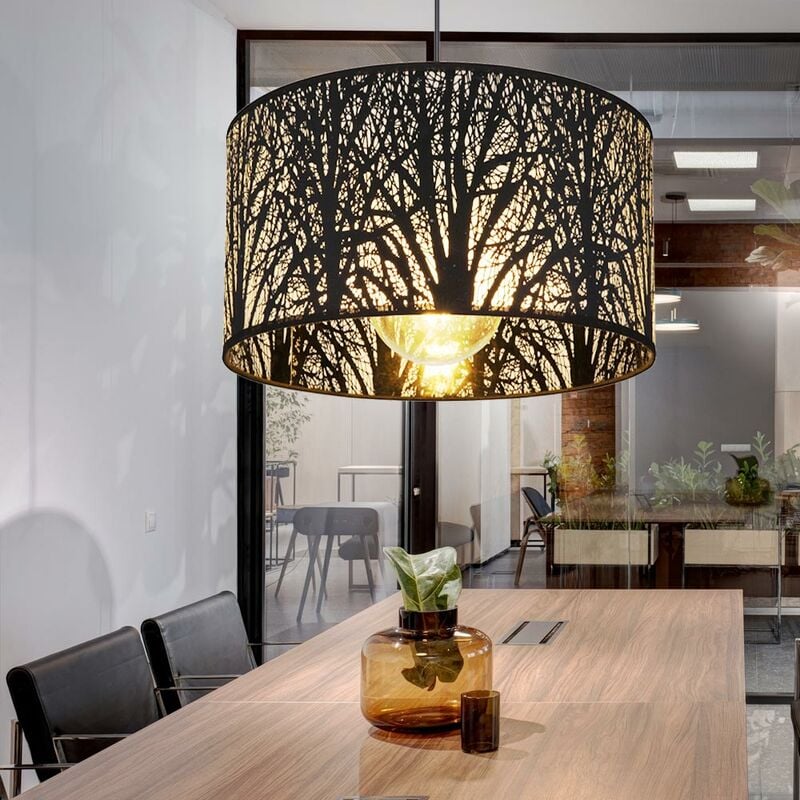 

Lámpara de techo de péndulo lámpara de tela para sala de estar patrón de árbol negro en un juego que incluye bombillas LED