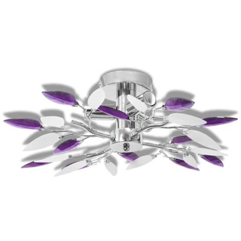 Lámpara de techo con brazos de cristal hojas blanco y morado