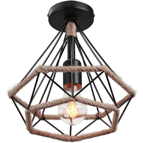 WOTTES Lámpara de Techo Cuerda de Cáñamo Industrial Retro Luz Techo Jaula de Diamantes Decoración Dormitorio Negro