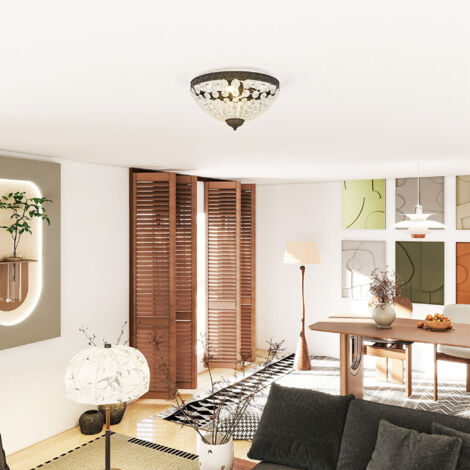 Lámpara de Techo de Cristal Vintage con 2 Casquillos E14 40W con 168 Cuentas de Cristal para Dormitorio Salón Negro