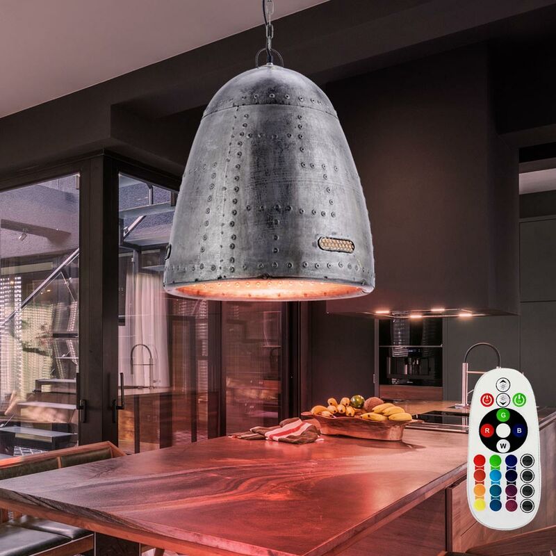

Lámpara colgante de techo de diseño, iluminación de sala de estar plateada de hierro industrial en un juego que incluye bombillas LED RGB