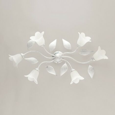 Lámpara de techo de hierro blanco plateado de seis luces con cristal de alabastro blanco 95x52x h20 cm