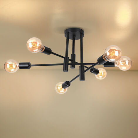 Lámpara de Techo de Metal E27 Lámpara de Araña Industrial Moderna 6 Casquillos Edison Iluminación Interior para Sala de Estar Dormitorio Café Negro