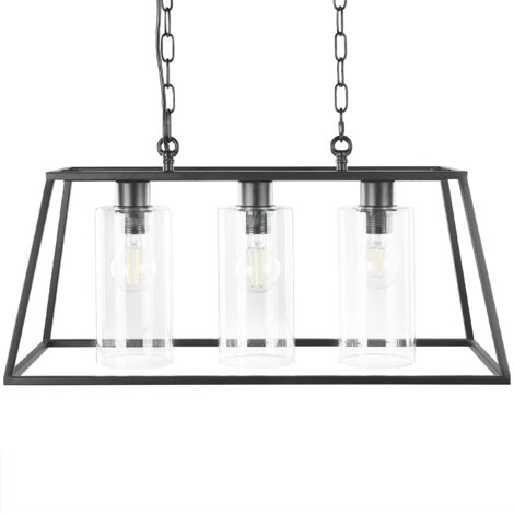 Lámpara de techo de metal negro 117 cm estructura jaula 3 pantallas vidrio plafón moderno Muger