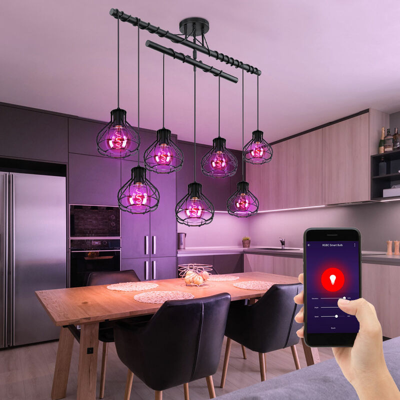 

Lámpara de techo de péndulo con jaula LED RGB inteligente ajustable en altura Aplicación de voz Luz colgante controlable a través del teléfono móvil