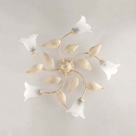 Lámpara de techo en hierro Ivory Gold cinco luces Vidrio blanco alabastro 70x h20 cm