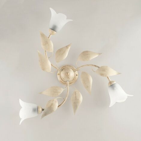 Lámpara de techo en hierro Ivory Gold tres luces Alabastro Blanco vidrios 67x h20 cm