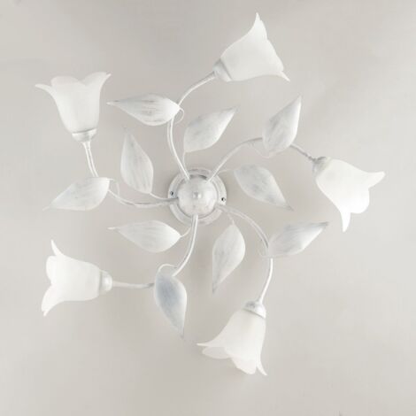 Lámpara de techo en hierro plateado blanco cinco luces Alabastro vidrio blanco 70x h20 cm