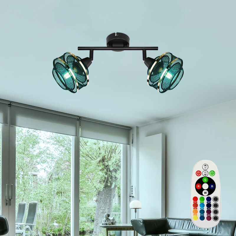 

Lámpara de techo con control remoto, foco de punto, lámpara de rejilla regulable, NEGRO-ORO, móvil en un juego con fuente de luz LED RGB