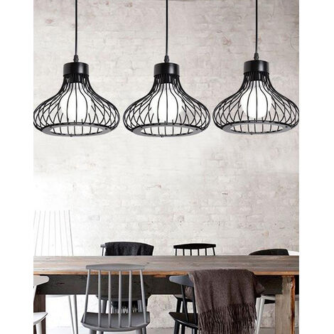 Lámpara de Techo Grupo de 3 Vías Bola Plano Jaula de Red de Hierro Luz Colgante Palo Ø23cm Diseño Creativo Industial Vintage Iluminación Combinación para Cocina Sala café?Negro?
