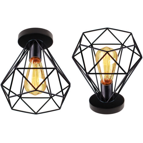 Lámpara de Techo Jaula Vintage Diamantes E27 20cm Metal Hierro Luz Colgante para Salón Dormitorio Cocina Pasillo (2x Negro)