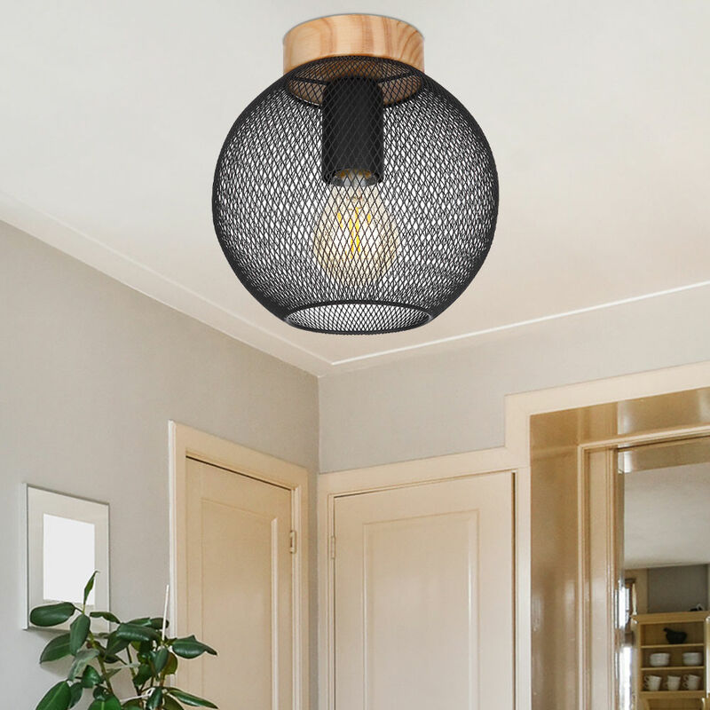 Image of Lámpara de techo, lámpara de dormitorio, malla de metal de madera, foco de lámpara de diseño, pantalla de rejilla, negro, 1x E27, DxH 20x20 cm