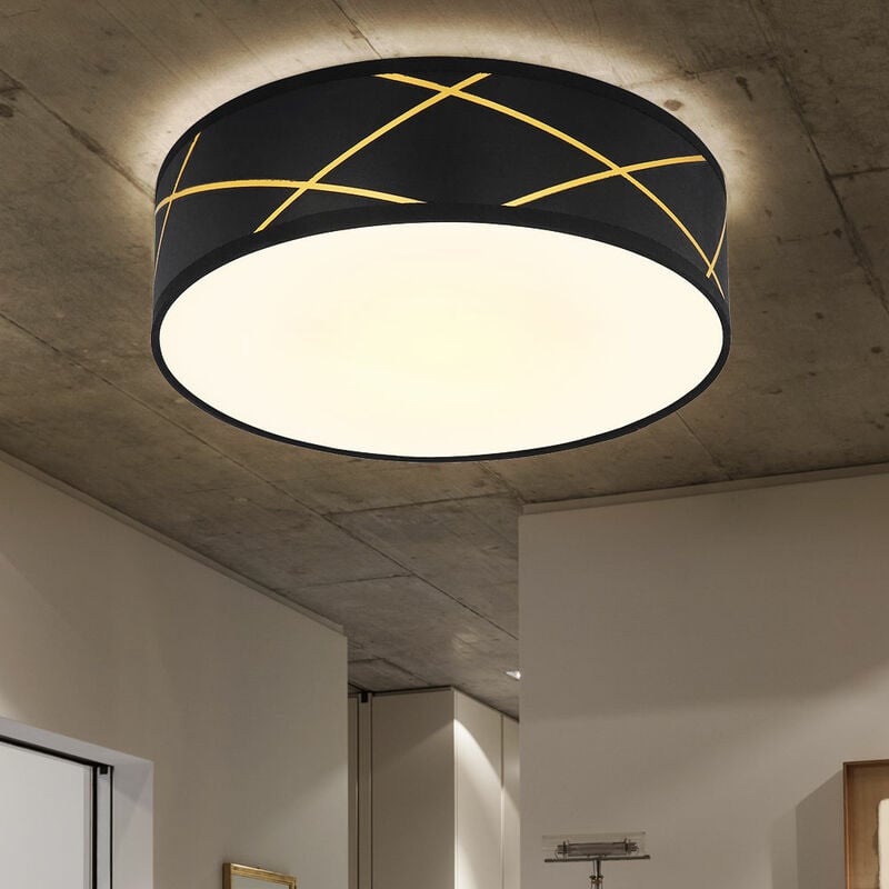 

Lámpara de techo redonda de tela negra, plafón de techo de tela mate, plafón de dormitorio, con pantalla de tela en dorado, FxH 40x12 cm