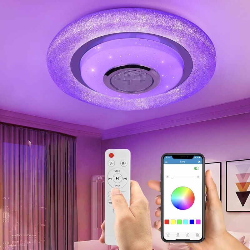 Lámpara de techo LED regulable con altavoz Bluetooth, luces RGB cambiantes de 24 W, lámpara de techo con control remoto y control por aplicación