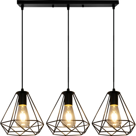 Lampara de Techo Moderno Grupo de 3 Vías Diamante Vara Luz Colgante Combinación Cage Pájaro Jaula de Hierro Ø20cm Metal Decoracion Hogareña 3Headlights para Comedor Cocina Sala (Negro)