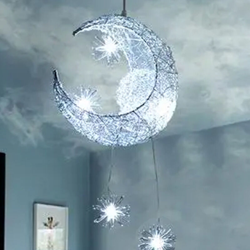 Lámpara de Techo Moderno Luna Estrellas Luz Colgante para Niños - 5 Luces LED 40cm Luz Blanca para Dormitorio Infantil Salón