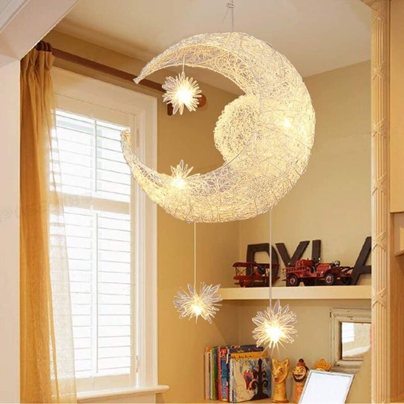 Lámpara de Techo Moderno Luna Estrellas Luz Colgante para Niños - 5 Luces LED 40CM Luz Cálida para Dormitorio Infantil Salón