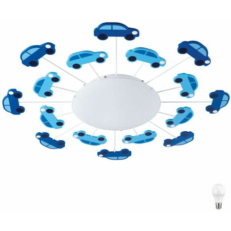 Lámpara de techo para niños, iluminación de vidrio, sala de juegos, lámpara para automóvil, azul en un juego que incluye bombillas LED