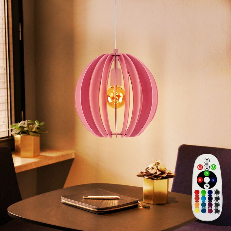 

Lámpara de techo, lámpara de péndulo laminar, rosa, control remoto, regulable en un juego que incluye bombillas LED RGB