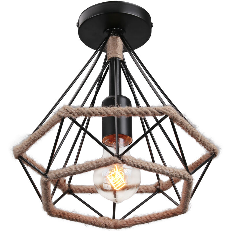 

Lámpara Colgante Industrial 25CM Lámpara de Techo Vintage Retro Jaula de Metal En Forma de Diamante LustreHierro de Cuerda de Cáñamo Luminaria para