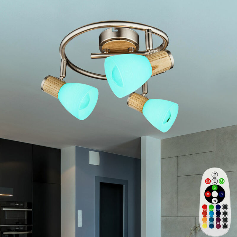 

Lámpara de techo redonda de madera móvil CONTROL REMOTO Luz regulable en un juego que incluye lámparas LED RGB