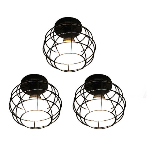 Lámpara de Techo Vintage Luz de Montaje Semi Empotrado de Metal Interior, Iluminación de Jaula Redondo E27 para Comedor Dormitorio Negro 3 Piezas