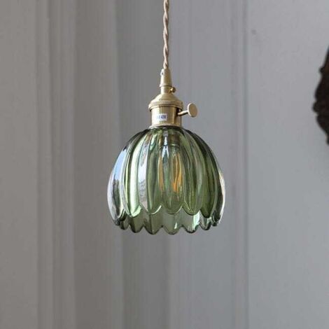 Lámpara decorativa japonesa retro con forma de flor de cristal, versión con cable, casquillo E26, color verde, bombilla no incluida.