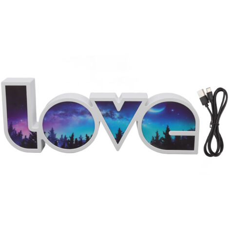 Lámpara decorativa Love con letras LED, alimentada por USB/pilas, luz blanca constante.