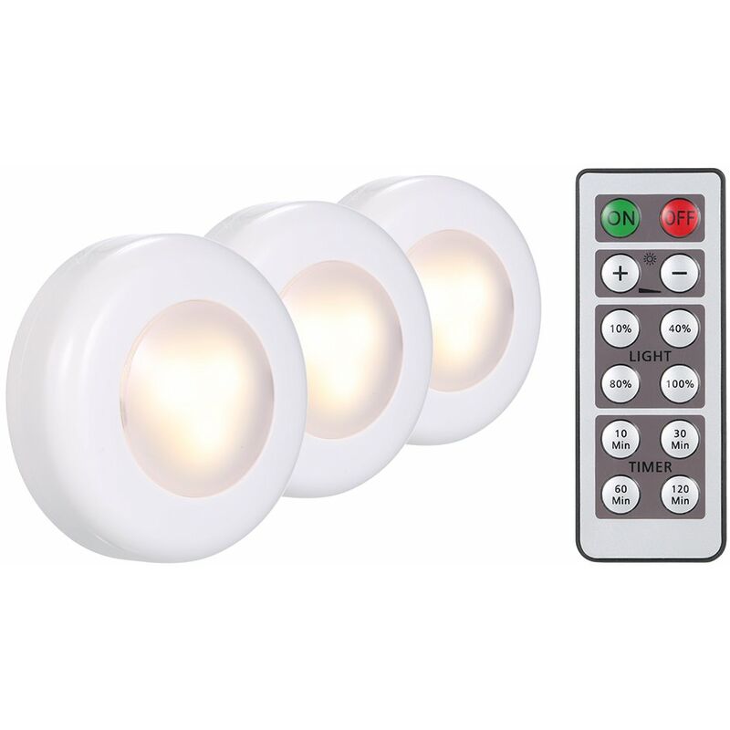 

Lampara LED para debajo del gabinete Puck Light, paquete de 3 con control remoto, brillo, temporizacion regulable ajustable para guardarropa,