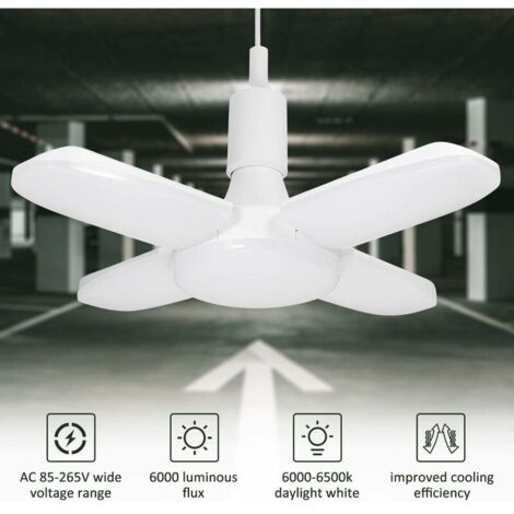 Lámpara LED para garaje, 60W E26/E27 6500K 6000Lm, lámpara de taller, lámpara de techo LED ajustable de 4 paneles deformable para garaje, almacén, taller, sótano, gimnasio, cocina.