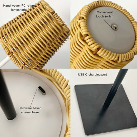 Lámpara LED recargable con diseño natural en policarbonato con efecto ratán, con 3 temperaturas de color y control táctil.