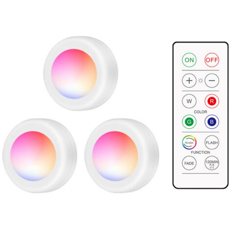 Lámpara LED tipo disco para armarios con control remoto, 16 RGB, función de temporizador y regulador de intensidad de 10 niveles, funciona con pilas, ideal para cocinas, baños, armarios y fiestas.