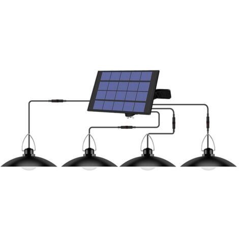 Lámpara solar colgante de cuatro cabezales, resistente al agua, ideal para cobertizos de jardín, patios, portones o calles. Luz LED recargable con activación automática. Perfecta para uso en exteriore