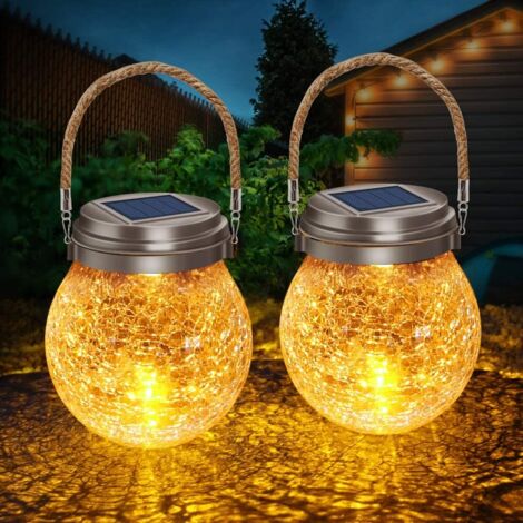 Lámpara solar con forma de bola de cristal craquelado, color ámbar cálido, para uso exterior, con 2 modos de suspensión, farol decorativo para exteriores, paquete de 2