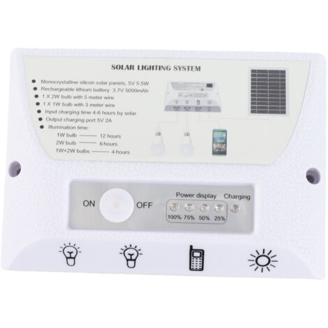 Lámpara solar de camping con panel y batería de 5000 mAh – 230 x 180 mm, carcasa de ABS blanco, 100–200 lm – Para garaje, granero, establo y emergencias.