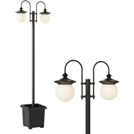 Lámpara solar de jardín para exteriores con macetero, 2 cabezales, resistente al agua IP44, encendido/apagado automático, altura ajustable.
