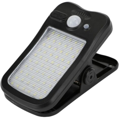 Lámpara solar de pinza de tamaño mediano con sensor de movimiento y carga USB/solar.