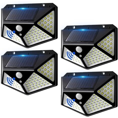Lámpara solar exterior de 100 LED, 3 modos, resistente al agua con sensor de movimiento, ángulo de haz de 270°, luz blanca fría de 6500 K, ideal para patio, balcón, pasillo y jardín. Paquete de 4 unid