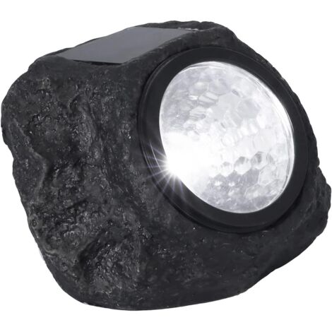 Lámpara solar LED con diseño de piedra. Fabricada en plástico. Ideal para jardín, patio, caminos y balcones.