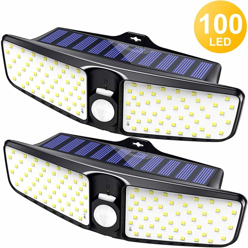 

Lámpara solar para uso en exteriores, [paquete de 2] Sensor de movimiento solar de 100 LED para uso en exteriores con iluminación gran angular de 220
