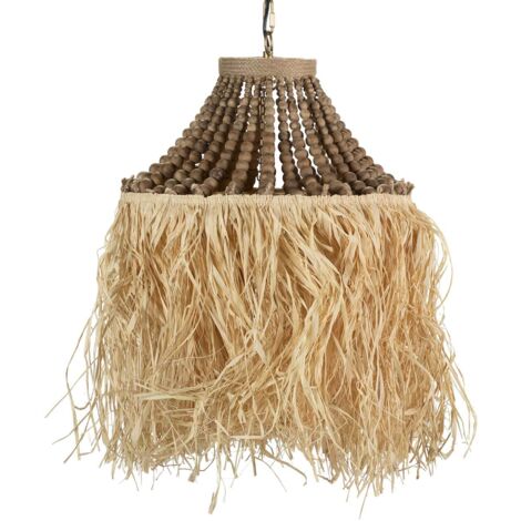 Lampara Techo Cadena Bolas Madera Rafia 41X41X45Cm
