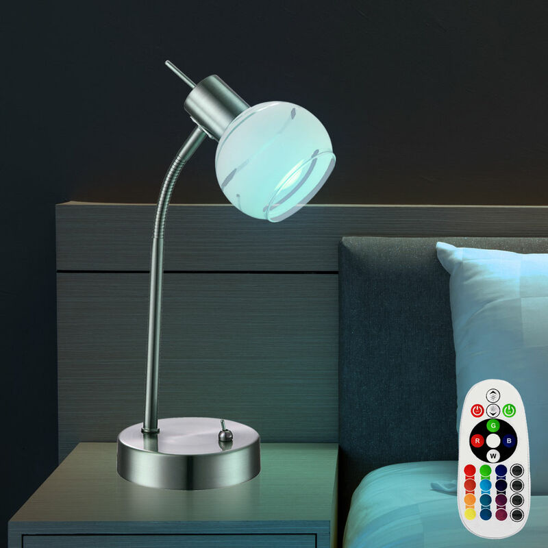 

Lámpara de mesa, sala de estar, lámpara de lectura, atenuador de bola de vidrio, control remoto en un juego que incluye bombillas LED RGB