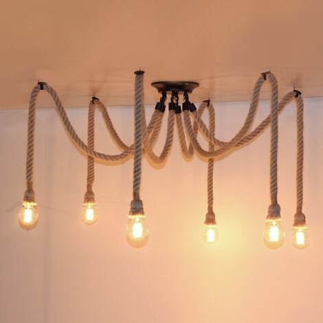 WOTTES Lámparas de Araña Industrial Vintage 6 Luces Iluminación Colgante Hemp Rope DIY Luz de Techo Ajustable 2m