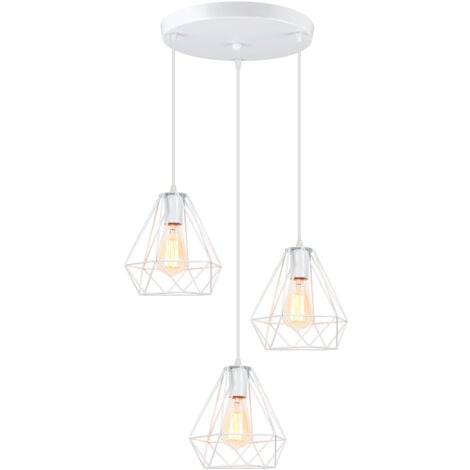 Lámparas De Colgar Diseño Jaula De Hierro Metal Lampara Colgante Forma Diamantes Ø20CM 3 Luces Para Cocina Sala Pasillo Comedor Bar (Blanco)