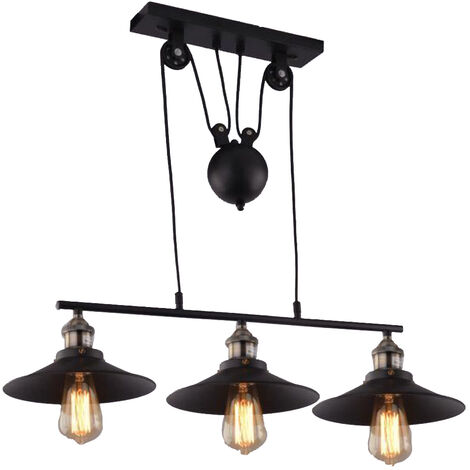 AXHUP Lámparas de Colgar Industrial 3 Iluminacións con Hilo 2,0M DIY Luz Lámpara Colgante con Polea de Metal E27 de Forma Sombrero 26cm para Cocina Dormitorio Sala de Estar Restaurante Negro